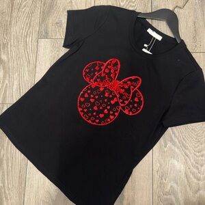 Black T-Shirt with Red Sequin Bow Design